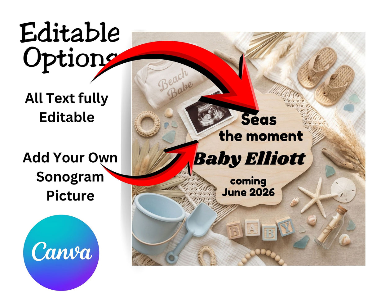 Beach Pregnancy Announcement Template – Seas the Moment Baby Reveal Canva Template