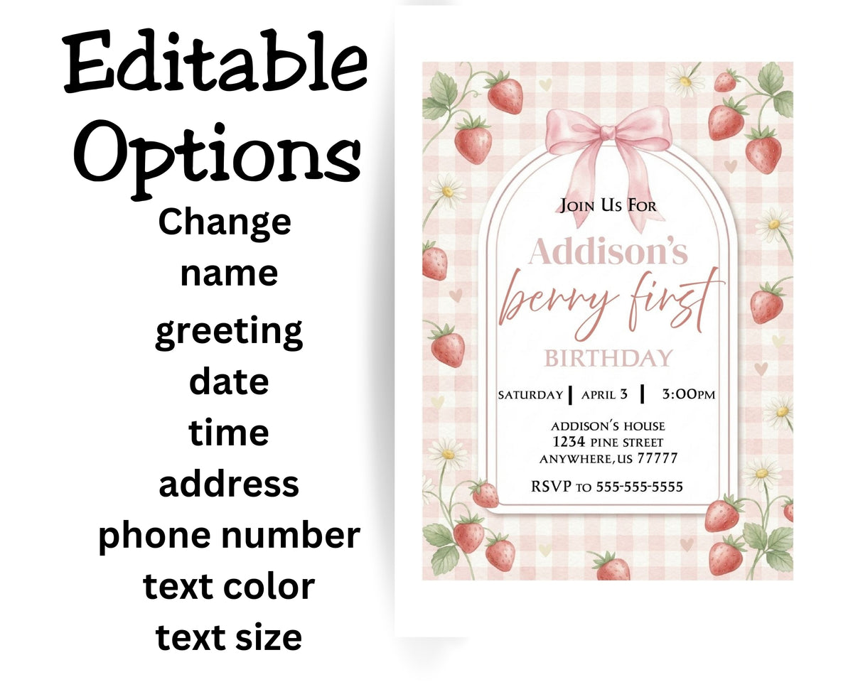 Berry First Birthday Invitation Canva Template