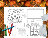 Thanksgiving Activity Placemats for Kids, Printable Thanksgiving Games, Kids Table Activities