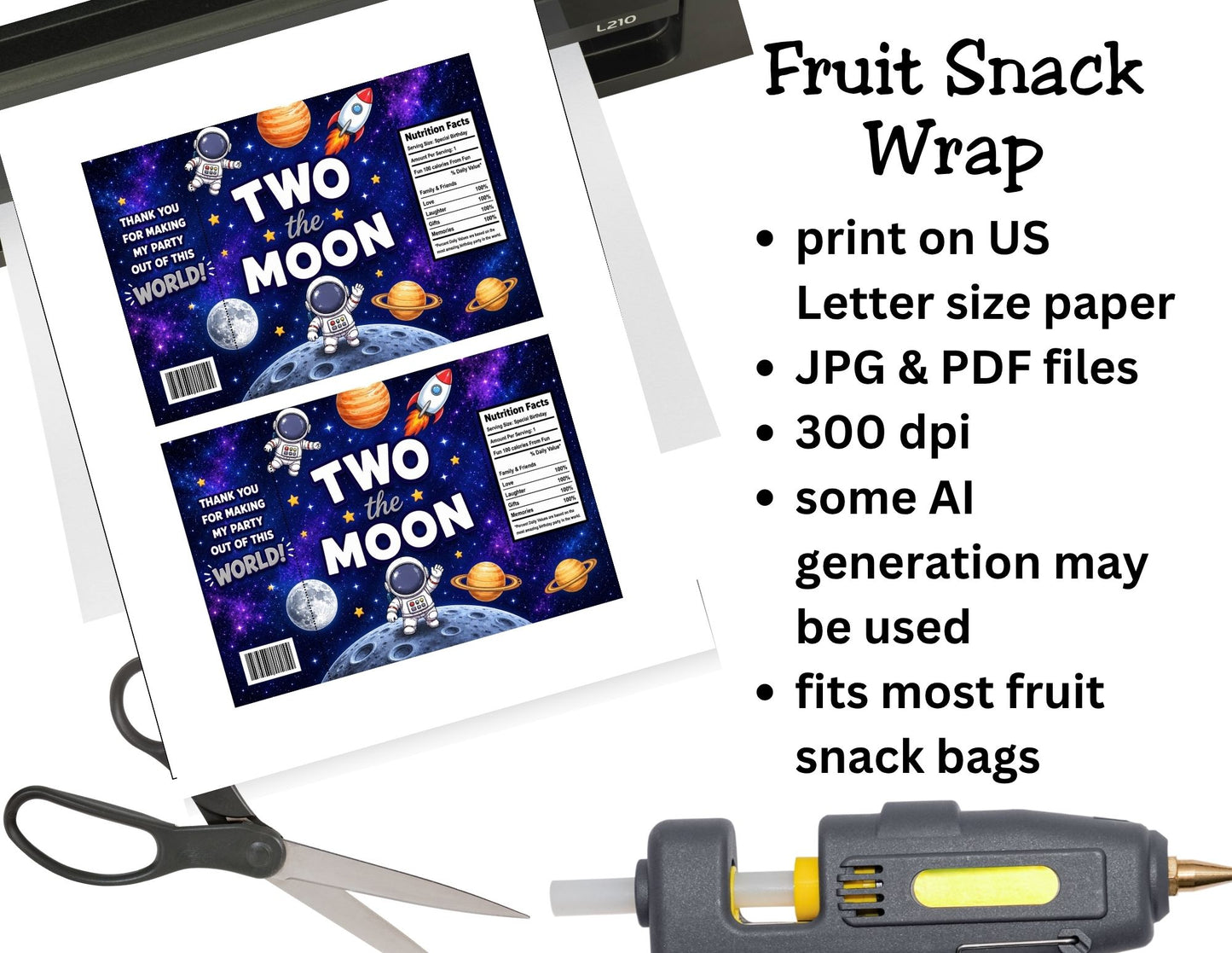 Two The Moon Fruit Snack Wrapper Printable, Space Birthday Party Favor, Astronaut Fruit Snack Wrap, Galaxy Birthday Treat Bag