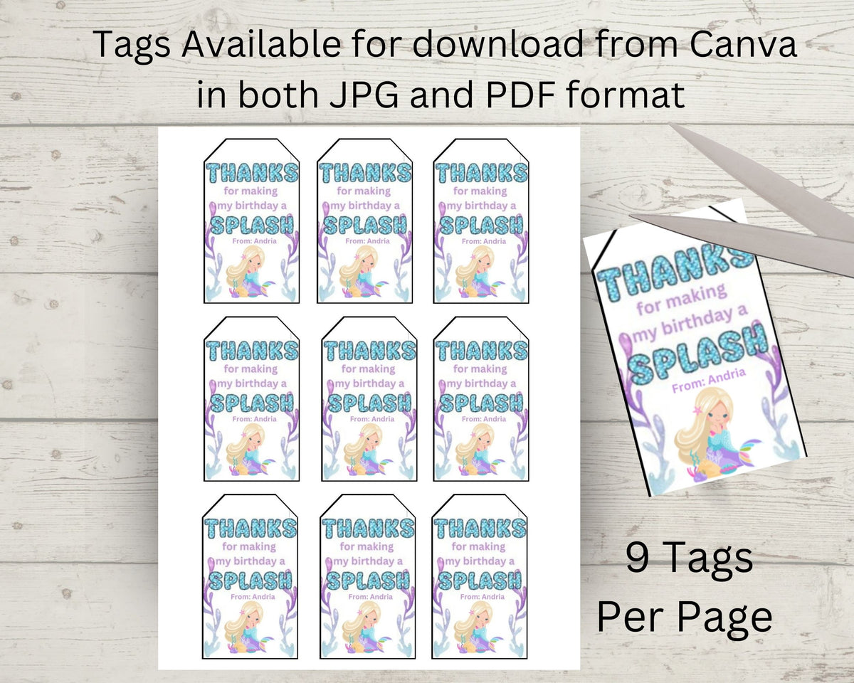 Little Mermaid Custom Name Thank You Gift Tag Canva Template Printable