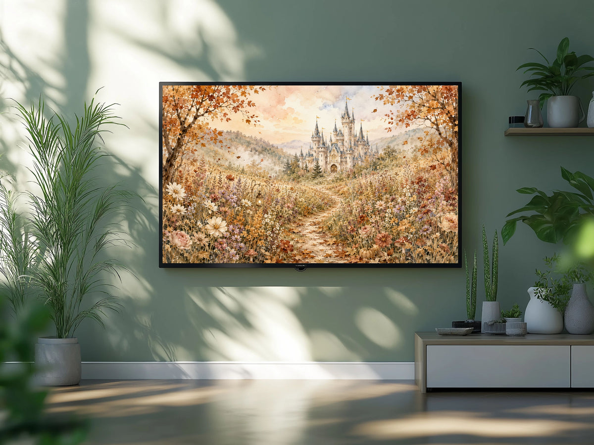 Autumn Fairytale Castle TV Art, Fall Castle Landscape Digital Download, Watercolor Frame TV Art, Cozy Fantasy Wall Decor