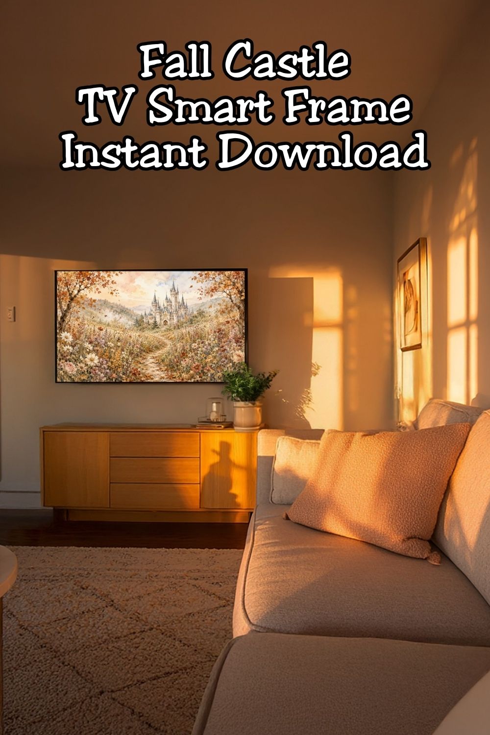 Autumn Fairytale Castle TV Art, Fall Castle Landscape Digital Download, Watercolor Frame TV Art, Cozy Fantasy Wall Decor