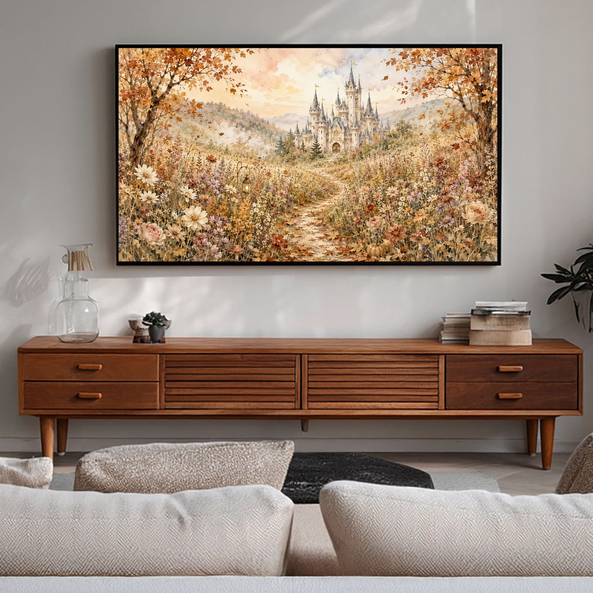 Autumn Fairytale Castle TV Art, Fall Castle Landscape Digital Download, Watercolor Frame TV Art, Cozy Fantasy Wall Decor