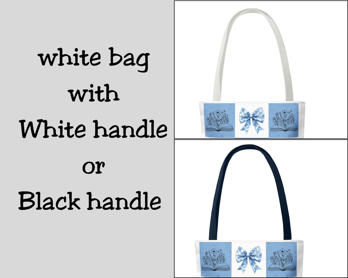 Book line art flower tote with blue toile coquette bow 9 grid
