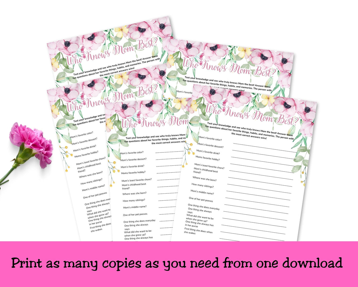 Family Party Game Collection Who Knows Mom Trivia Printable Download Pink Floral Design Digital Entertainment Package Perfect Celebration Gift Mother Day Activity Beautiful Watercolor Style Instant Access Fun Interactive Format