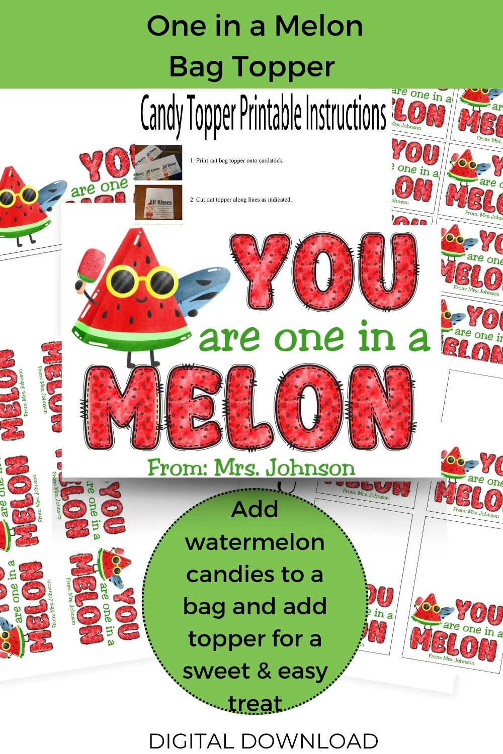 One in a Melon Canva Template Personalizable Bag Topper Printable