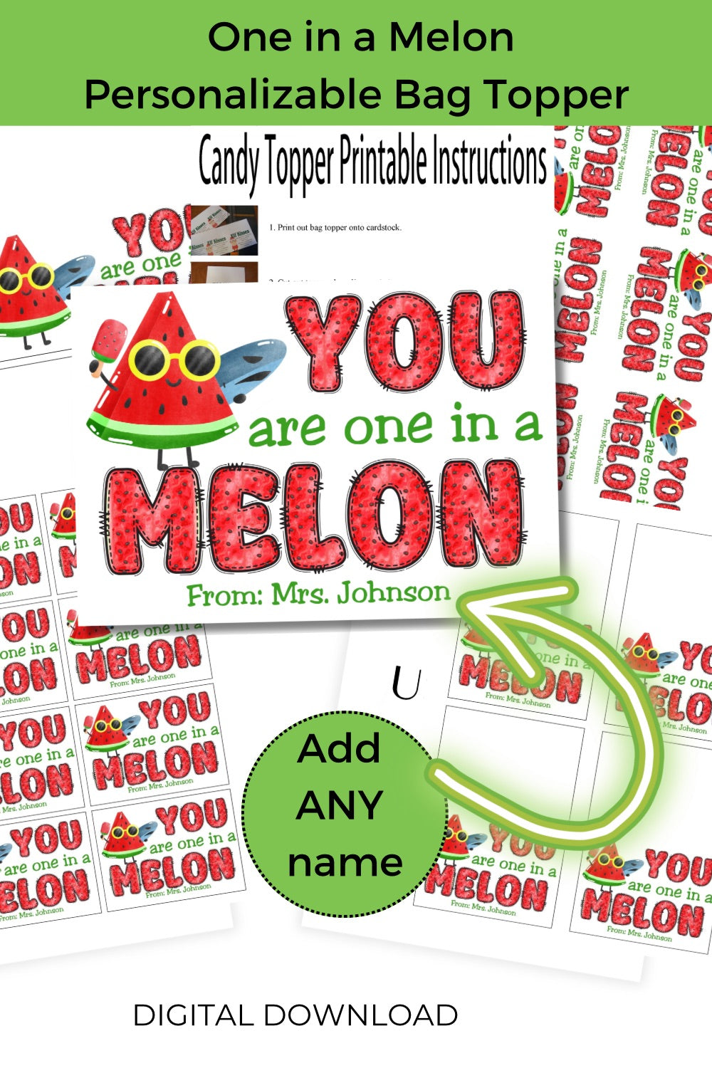One in a Melon Canva Template Personalizable Bag Topper Printable