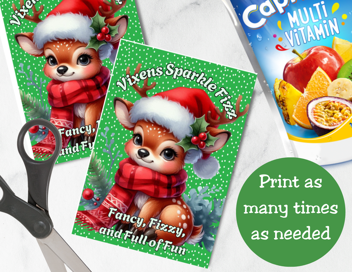 Reindeer Capri Sun Labels – Printable Christmas Drink Pouch Stickers for Kids
