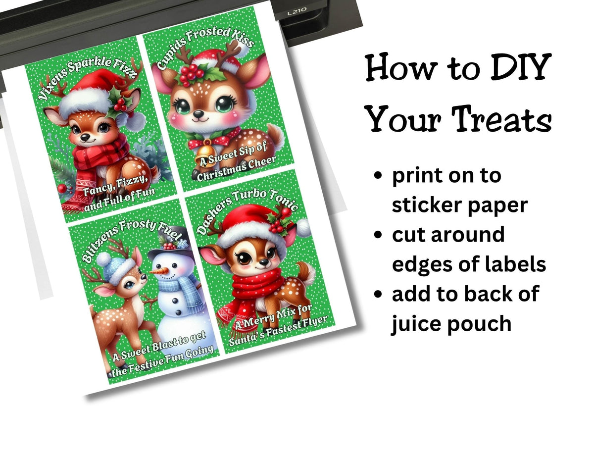 Reindeer Capri Sun Labels – Printable Christmas Drink Pouch Stickers for Kids