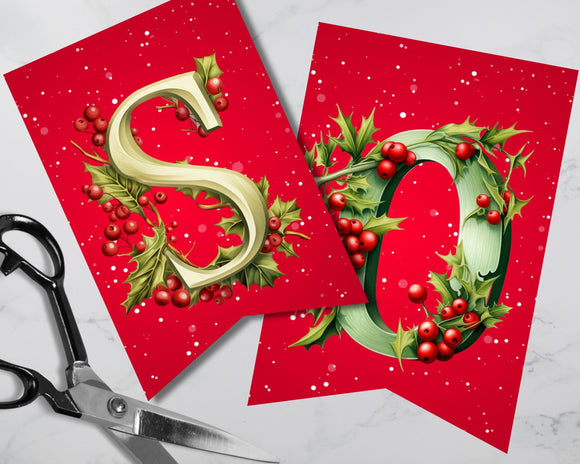 Holly & Berry Christmas Pennant Banner Printable (A–Z Letters)