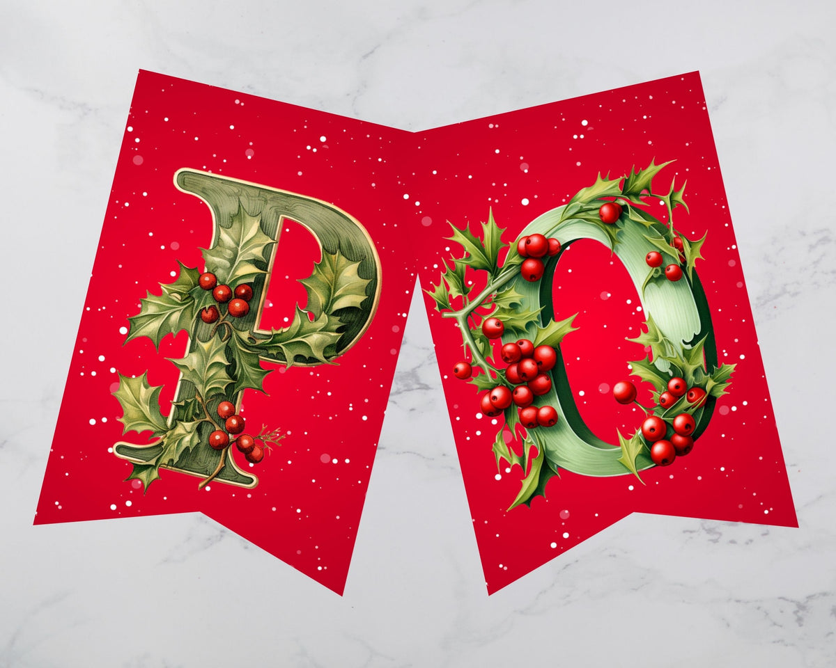 Holly & Berry Christmas Pennant Banner Printable (A–Z Letters)