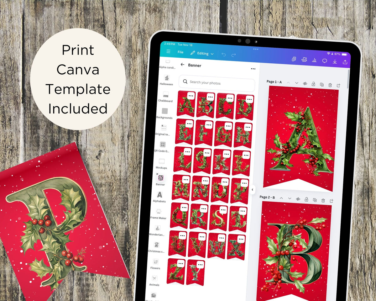 Holly & Berry Christmas Pennant Banner Printable (A–Z Letters)