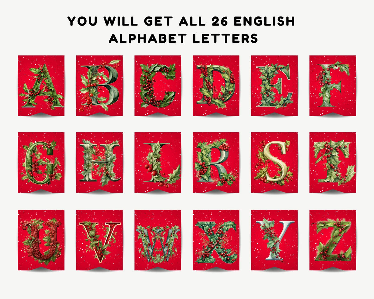 Holly & Berry Christmas Pennant Banner Printable (A–Z Letters)
