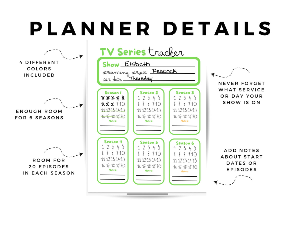 TV Tracker Planner Page for Digital Planner or Physical Print
