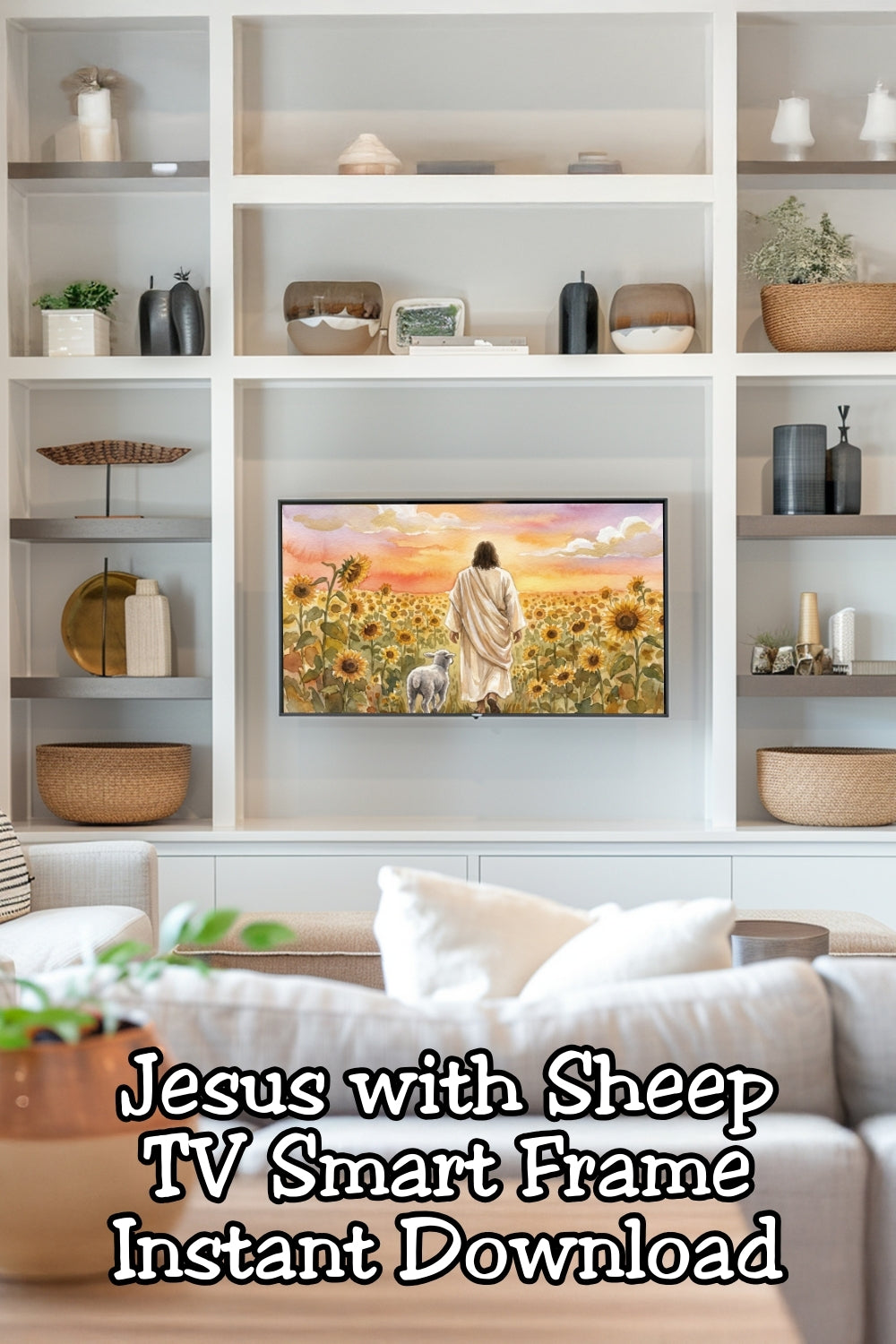 Turn your Samsung Frame TV into peaceful Christian wall art with this Jesus the Shepherd Frame TV art digital download. Featuring Jesus walking through a sunflower field with a lamb, this faith-inspired spring wall art is perfect for Easter décor, prayer rooms, and Christian homes. Instantly refresh your space with meaningful Frame TV art designed for believers.