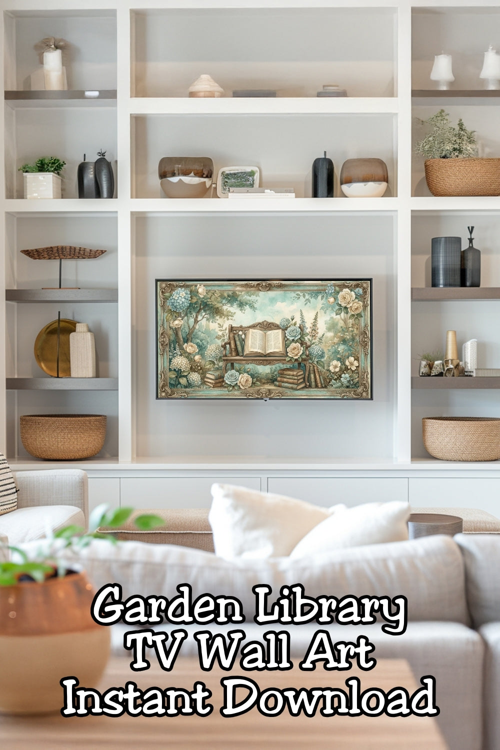 Turn your TV into a cozy reading nook 📖 This garden library frame TV art is perfect for book girls who love vintage decor, cottagecore vibes, and romantic bookish spaces.
