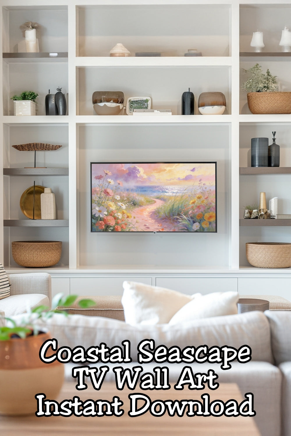 Refresh your home with spring TV wall art that feels light, airy, and serene. This pink coastal seascape digital wall art fits any 16:9 TV and brings soft landscape beauty to your space—no frames, no shipping, instant download.