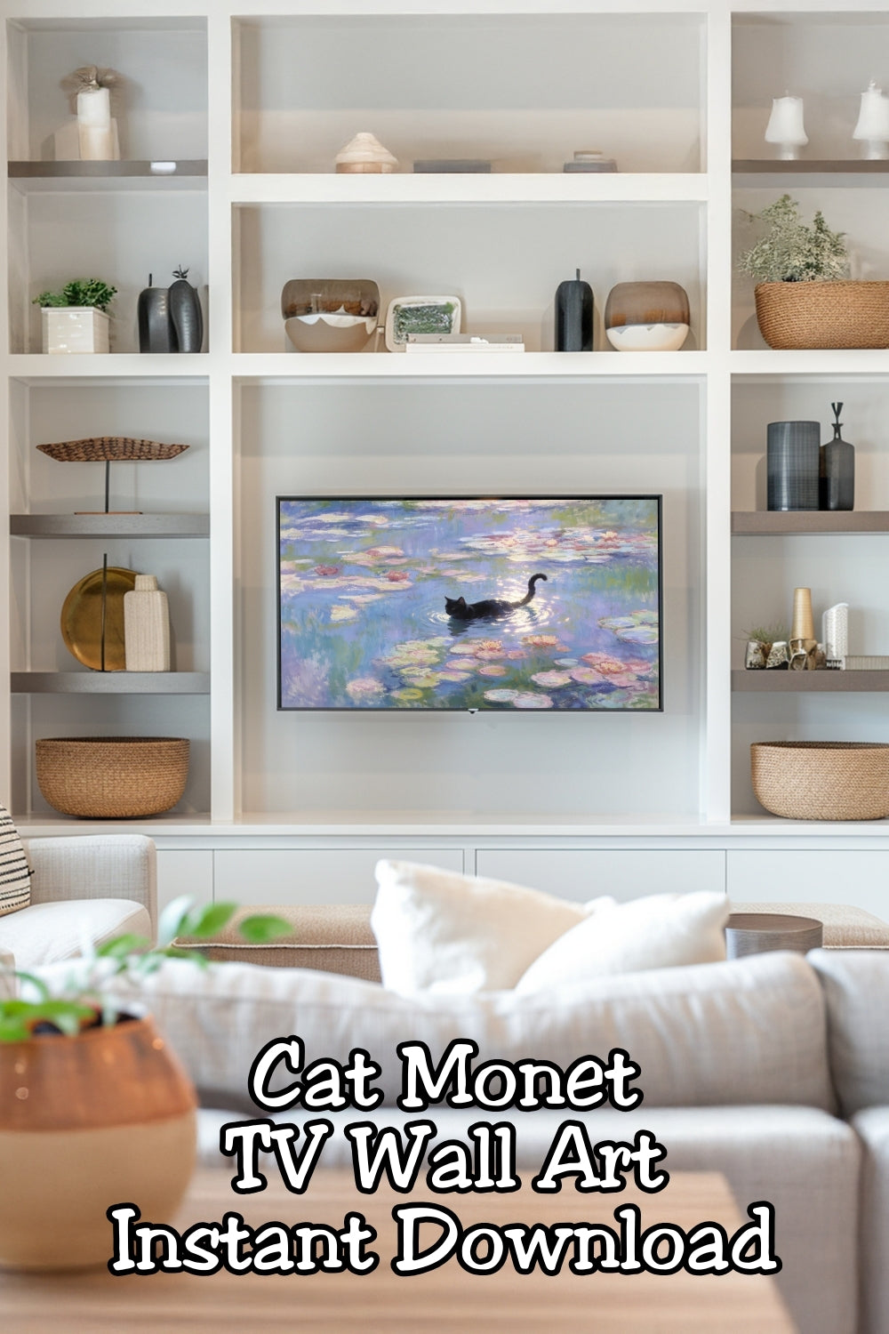 Looking for elegant Samsung Frame TV art that feels curated and cozy? This impressionist black cat artwork features dreamy water lilies and painterly brushstrokes inspired by Monet. A beautiful frame tv art option for vintage, minimalist, and art-inspired interiors.