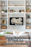Looking for elegant Frame TV art that actually feels like real decor? This white peony floral artwork turns your Samsung Frame TV into a luxury wall feature with soft ivory blooms and a dramatic black background. Perfect for neutral living rooms, feminine spaces, and modern homes that want art—not a blank screen.