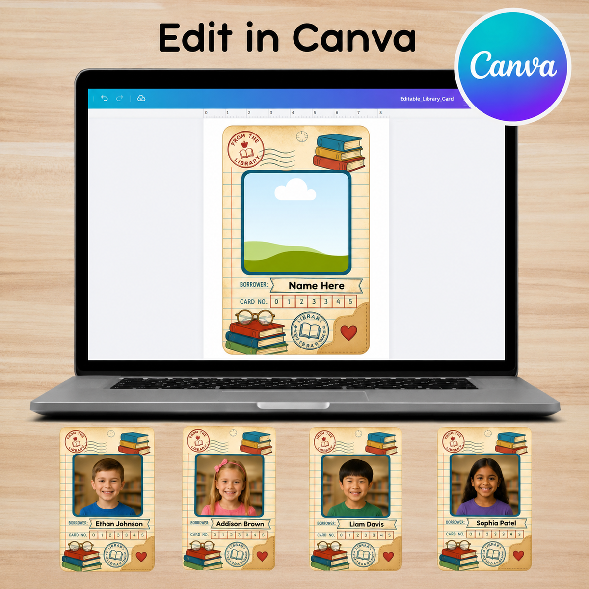 Editable Library Card Student Photo Frame Canva Template