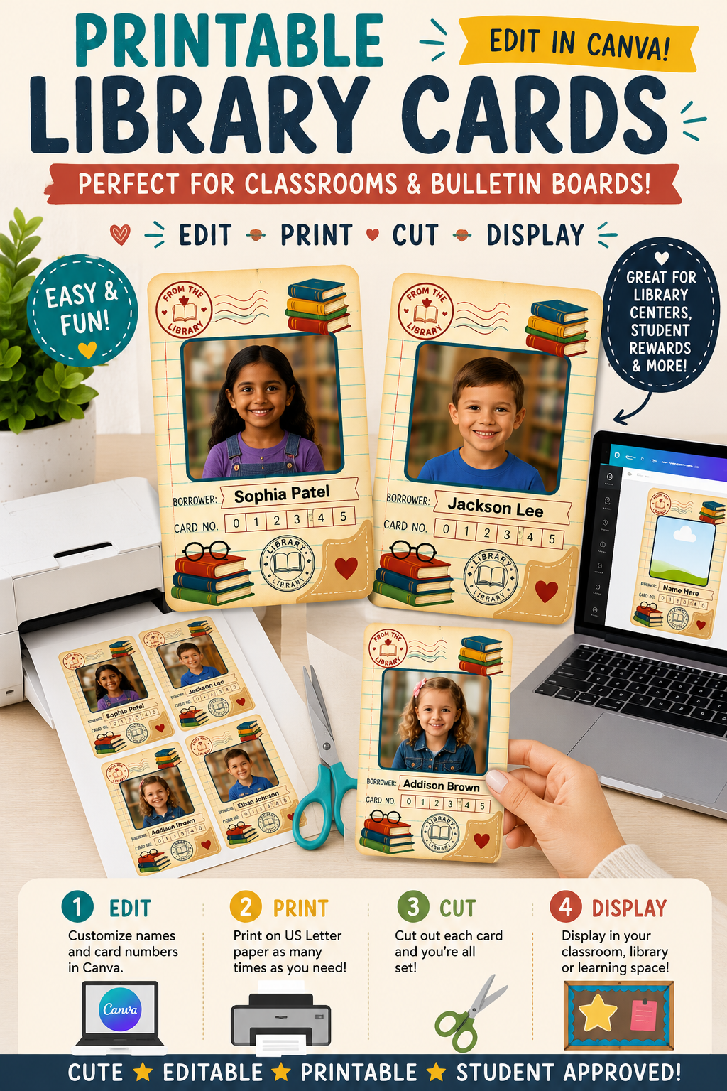 Editable Library Card Student Photo Frame Canva Template