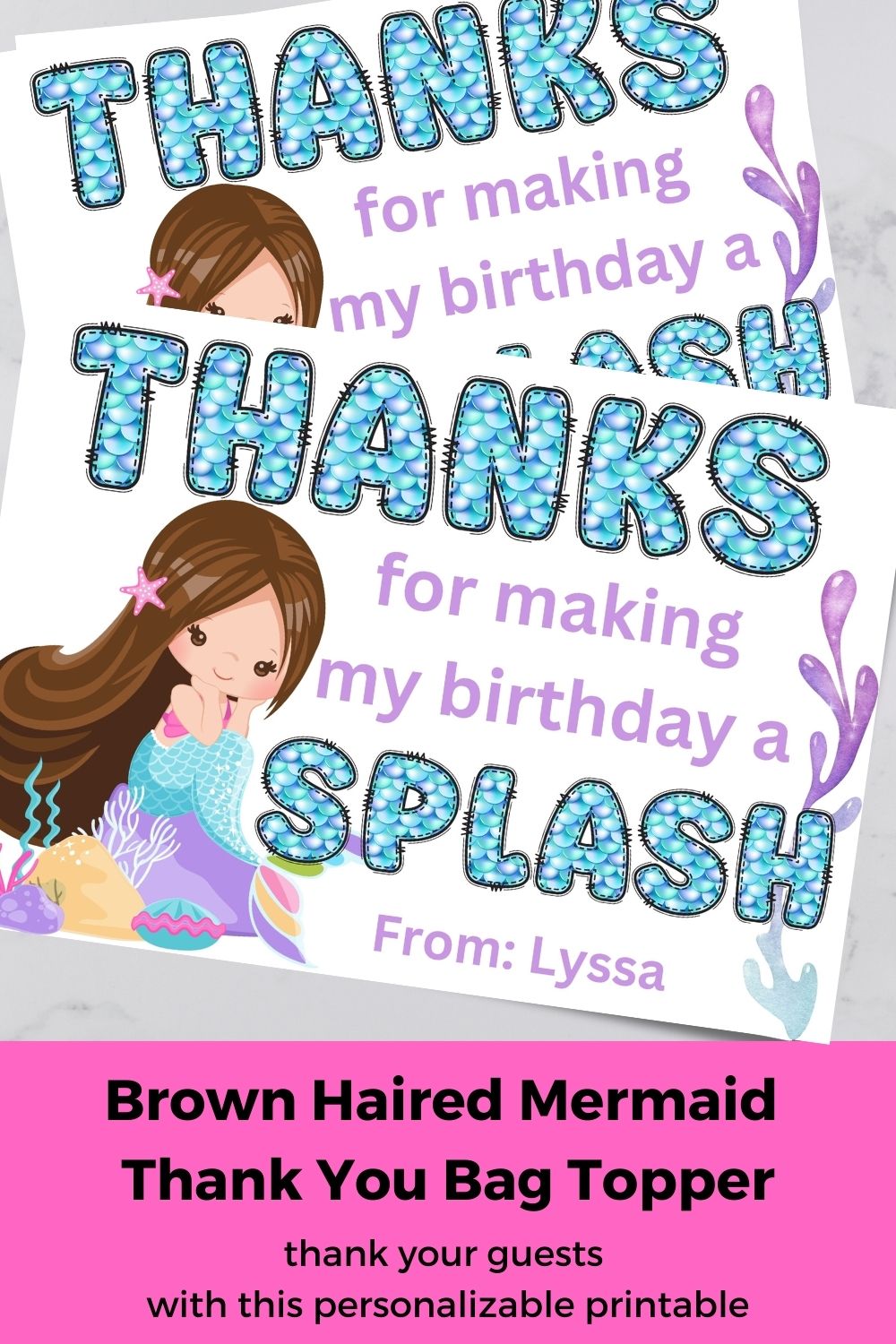 Custom Mermaid Thank You Personalizable Bag Topper Tag Canva Template Printable