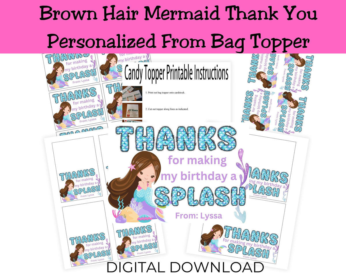 Custom Mermaid Thank You Personalizable Bag Topper Tag Canva Template Printable