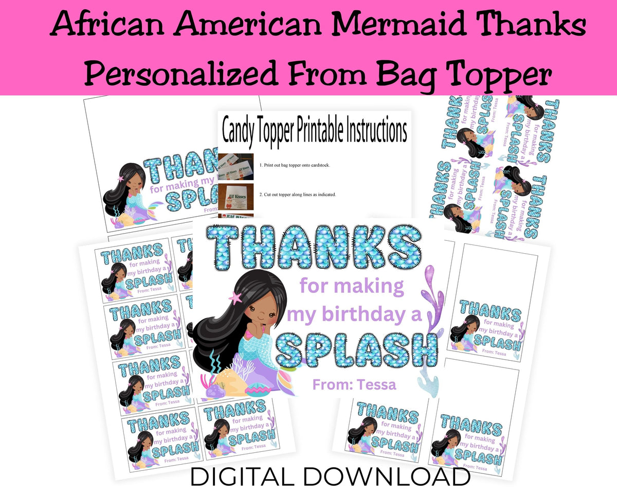 Custom Mermaid Thank You Personalizable Bag Topper Tag Canva Template Printable