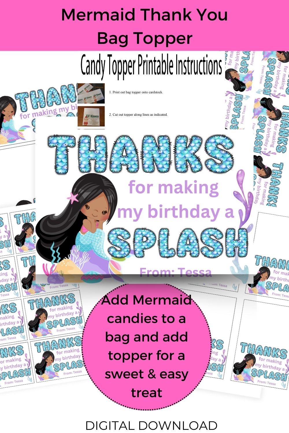 Custom Mermaid Thank You Personalizable Bag Topper Tag Canva Template Printable