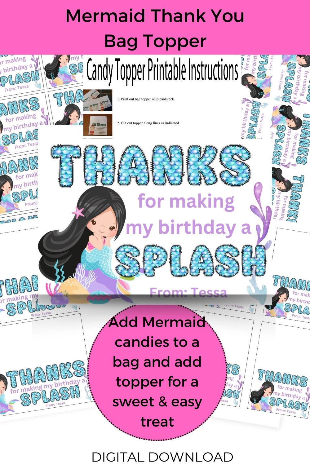 Custom Mermaid Thank You Personalizable Bag Topper Tag Canva Template Printable