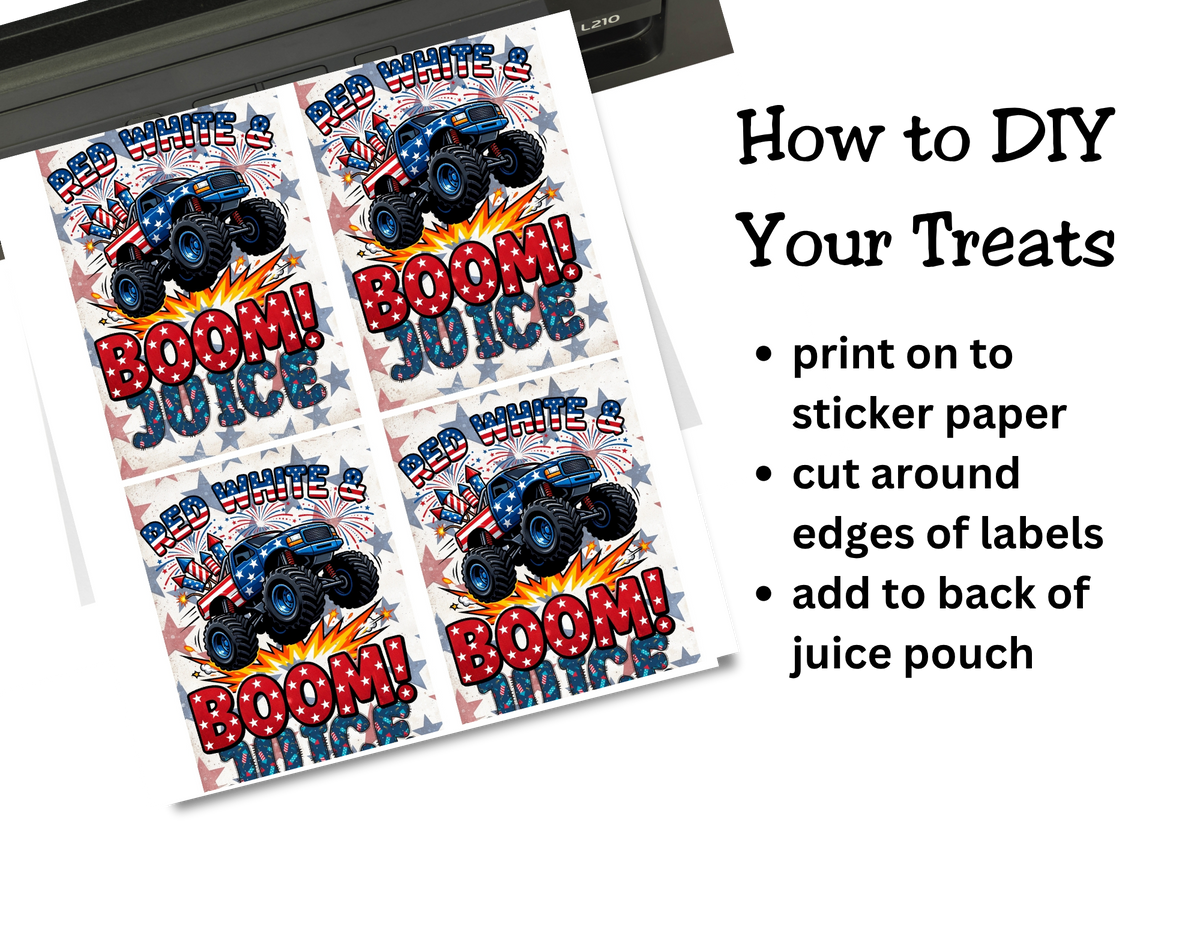 Red, White & BOOM! Monster Truck Fireworks Watch Candy Label Printable Set