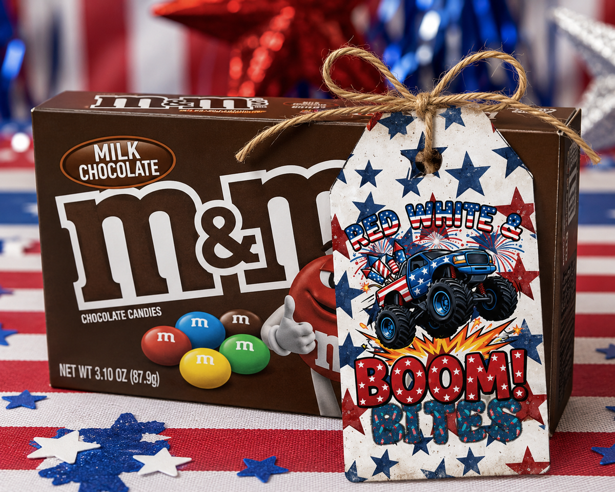 Red, White & BOOM! Monster Truck Fireworks Watch Candy Label Printable Set