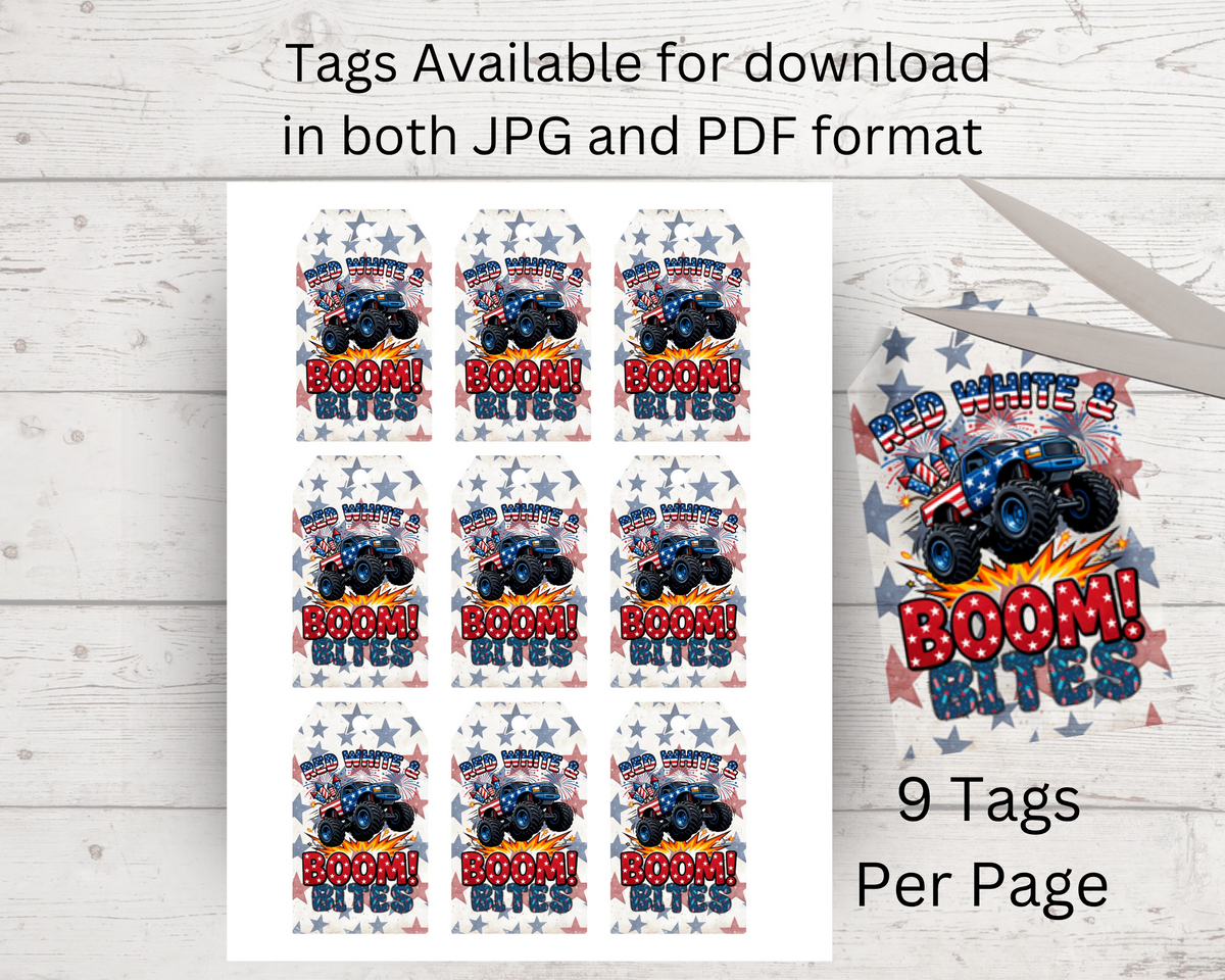 Red, White & BOOM! Monster Truck Fireworks Watch Candy Label Printable Set