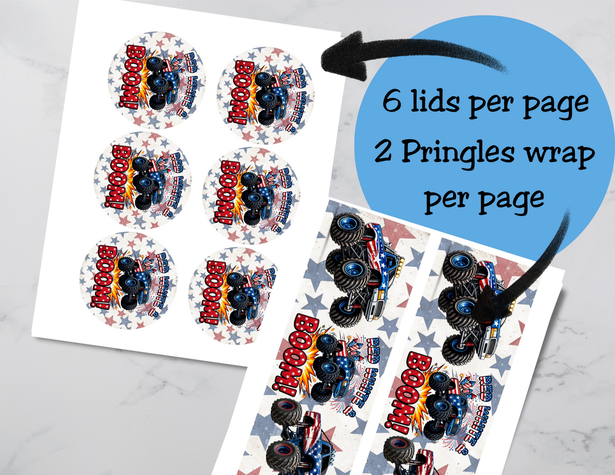 Red, White & BOOM! Monster Truck Fireworks Watch Candy Label Printable Set