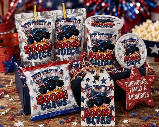 Red, White & BOOM! Monster Truck Fireworks Watch Candy Label Printable Set