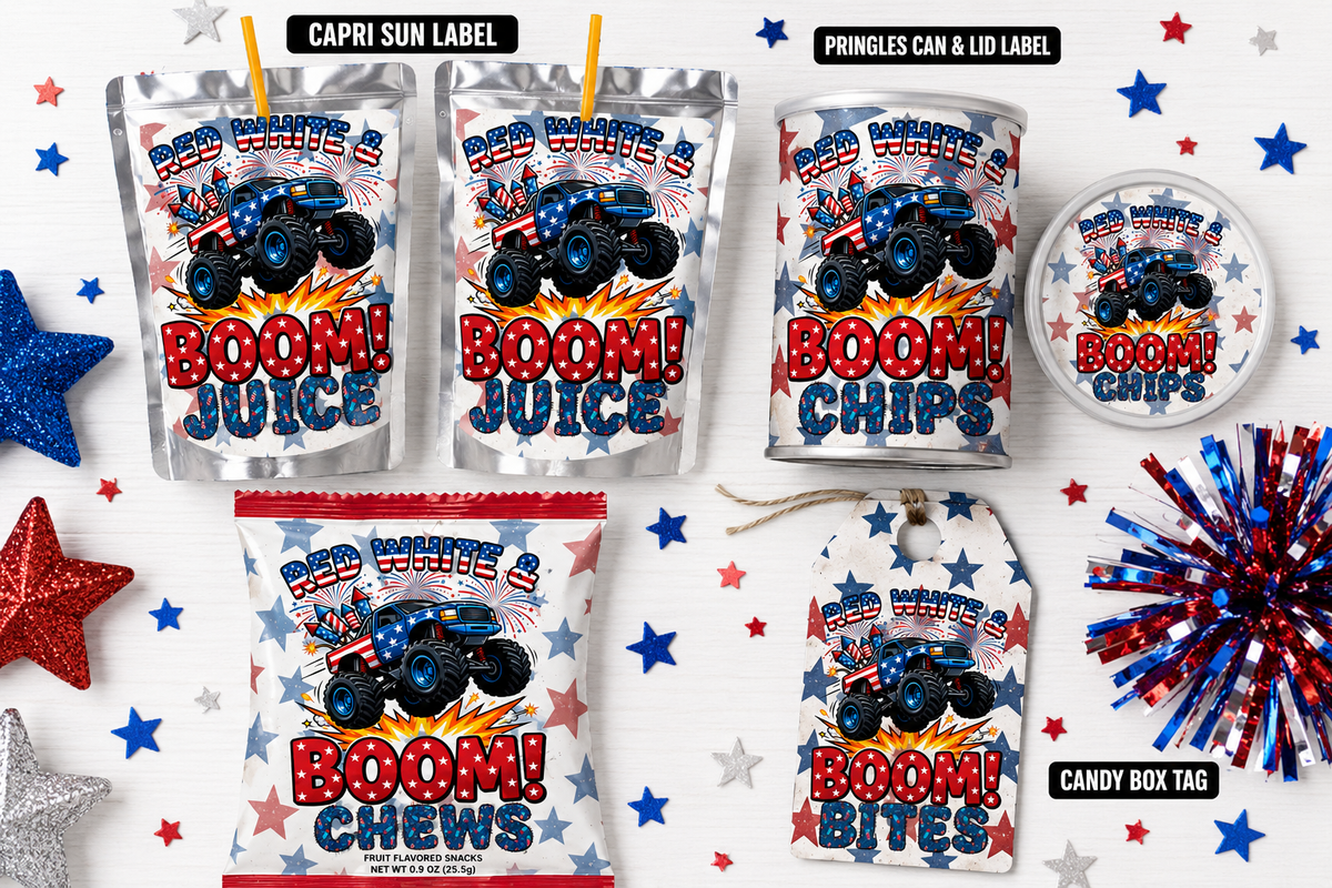 Red, White & BOOM! Monster Truck Fireworks Watch Candy Label Printable Set