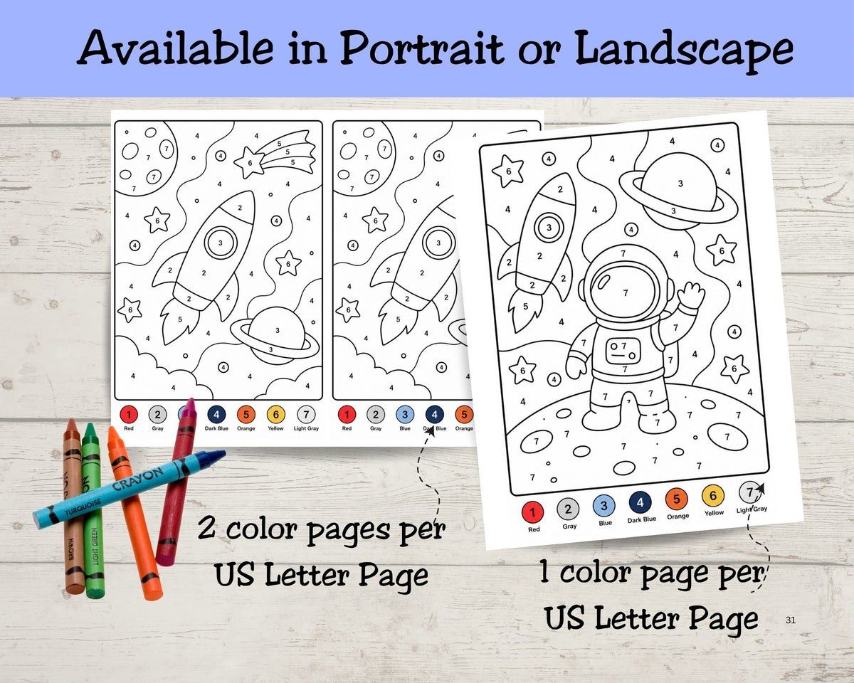 Space Color by Number Printable Set, Outer Space Kids Activity Pages, Space Birthday Party Games, Coloring Sheets for Kids