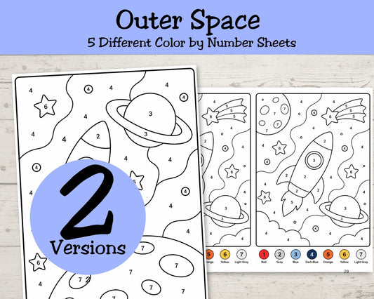 Space Color by Number Printable Set, Outer Space Kids Activity Pages, Space Birthday Party Games, Coloring Sheets for Kids