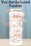 A beautiful reminder of faith and love 🤍 This You Are So Loved coquette Christian tumbler features soft blush florals, elegant bows, and scripture inspired by John 3:16. Perfect for Valentine’s Day gifts, faith-based tumblers, and girly boutique Christian designs.