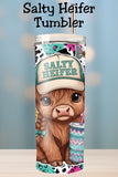 Cute but salty 💕 This Salty Heifer tumbler features an adorable highland cow with a whole lot of attitude. Perfect for cow lovers who like their humor bold. Available as a finished 20oz skinny tumbler or a PNG wrap for DIY sublimation.