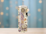 Tumbler with fantasy-themed design on a blurred background