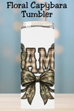 This Hunting Mama tumbler is perfect for moms who love camo and western style. Featuring plaid mama lettering, camo flames, and a statement bow, this 20oz skinny tumbler is available as a finished cup or a tumbler wrap PNG for sublimation crafting.