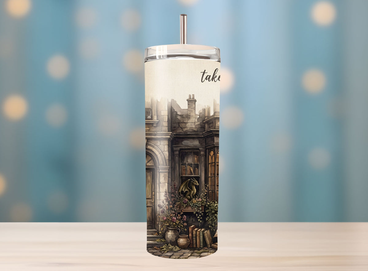 Tumbler with a vintage-style building design on a blurred background