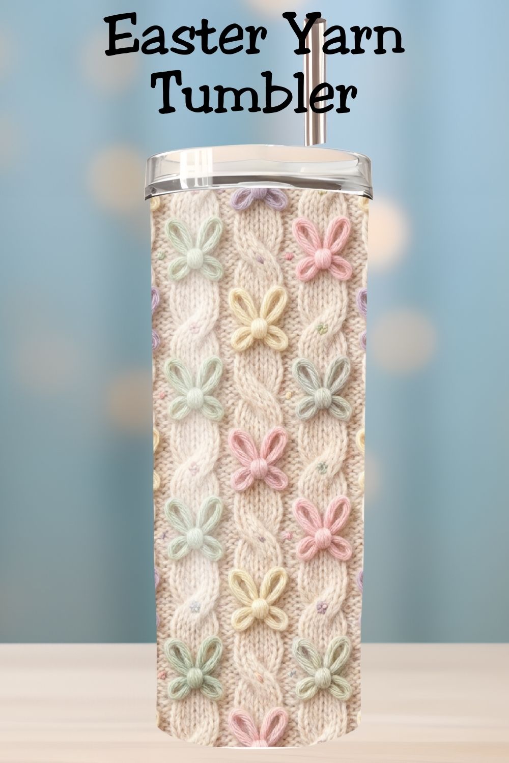 Spring cozy vibes in tumbler form 🌷 This Easter butterfly faux yarn tumbler features a pastel cable knit look with stitched butterfly details. Perfect for 20oz skinny tumblers, sublimation projects, DIY gifts, and spring drinkware collections.