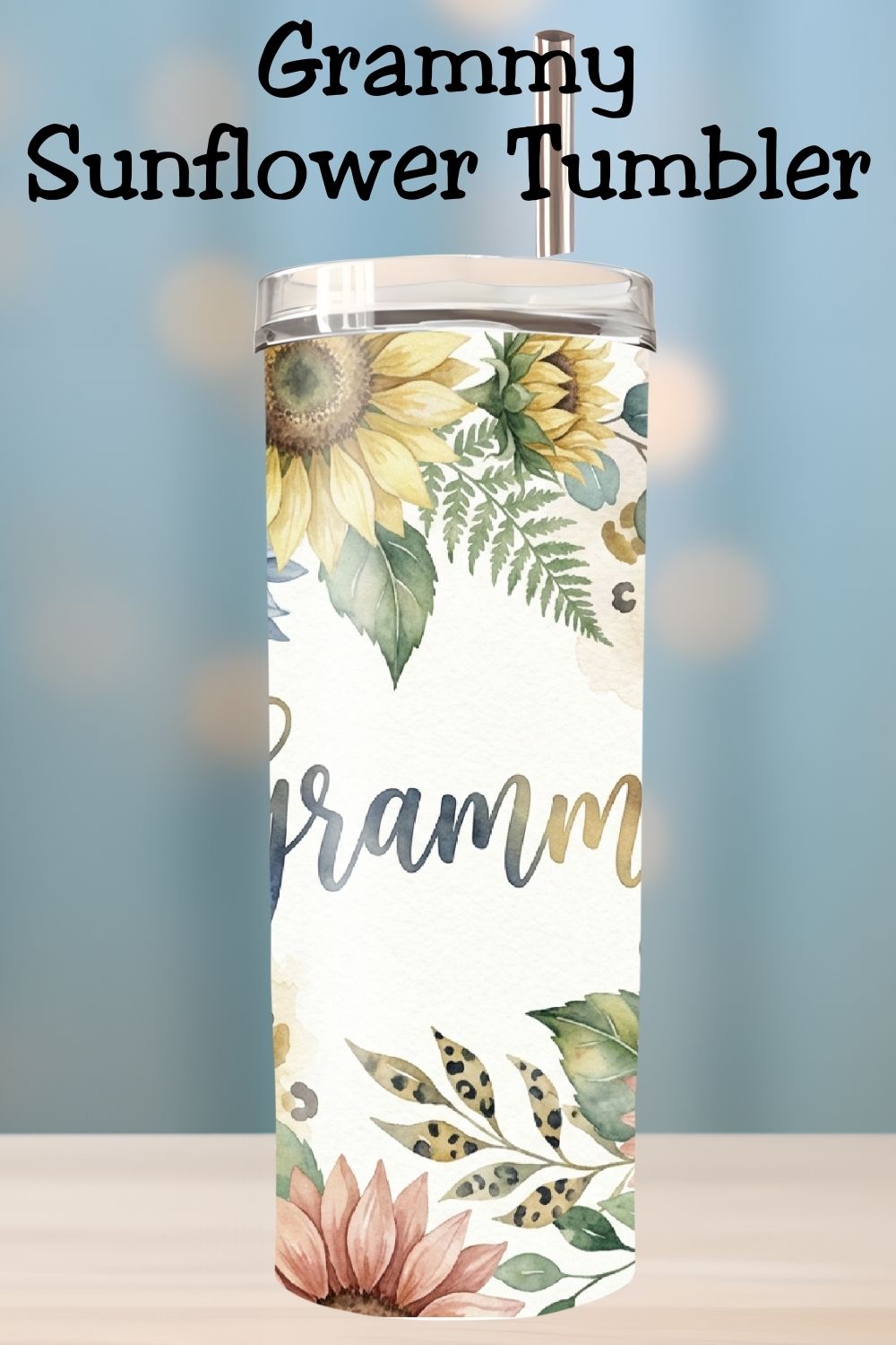 Looking for the perfect Grammy tumbler gift? This floral Grandma Grammy 20oz skinny tumbler features soft watercolor sunflowers and greenery, making it a beautiful Mother’s Day tumbler, birthday gift, or Christmas present. Available as a finished tumbler or 20oz skinny tumbler wrap digital download for sublimation makers.