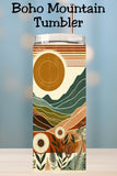 Love earthy neutrals and cozy landscapes? This Boho Mountain Tumbler features layered mountains, a glowing sun, and soft florals inspired by cottagecore decor and bohemian home decor. Available as a physical tumbler or PNG wrap, this mountain decor design is perfect for rustic modern drinkware lovers.