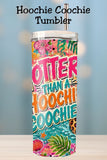 Turn up the summer vibes with this hilarious “Hotter Than A Hoochie Coochie” flamingo tumbler wrap PNG! Featuring a glam tropical flamingo, leopard print pool float, retro beach colors, and bold summer graphics, this trendy 20oz skinny tumbler design is perfect for sublimation makers, beach lovers, girls trips, and boutique summer collections. Great for creating eye-catching tumblers customers can’t stop buying.