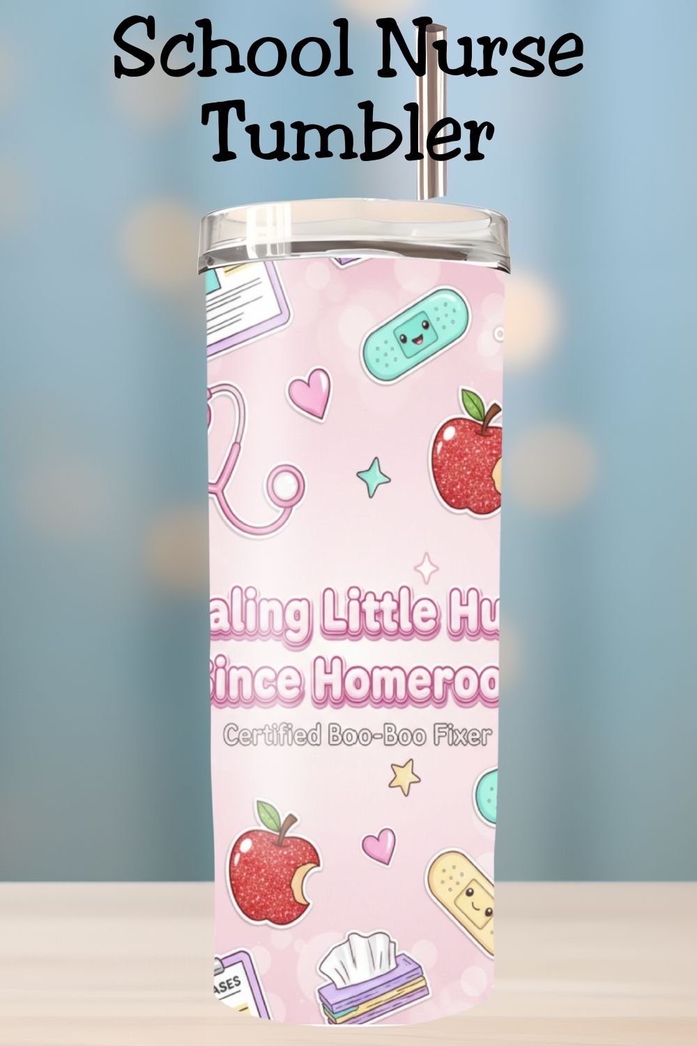 Healing little hurts since homeroom 💗 This adorable School Nurse tumbler is the perfect appreciation gift for the nurse who keeps the school running. Soft pink, playful medical icons, and a message every school nurse will love. Available as a ready-to-gift tumbler or a PNG for makers.