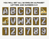 Alphabet letters and numbers on a yellow and black striped background with construction theme.